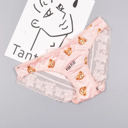 Couple Panties Set Sexy Lace Ice Silk Fabrics Underwear Men's Boxers Cartoon Bear Print Panties set Women's Briefs 1 PCS