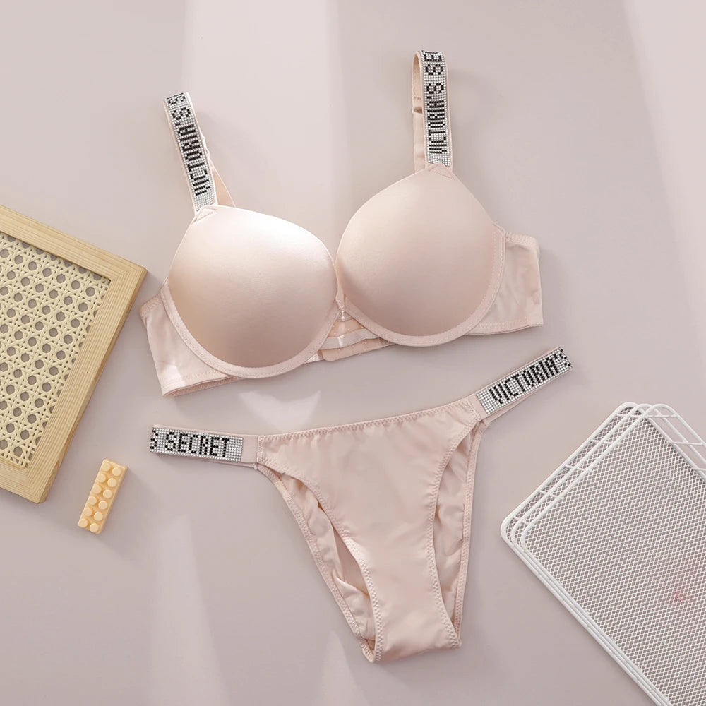 Victoria Secret Shine Script Thong Panty Very Sexy Logo Shine Strap Push Up Bra Set Sexy Women Lingerie Hot