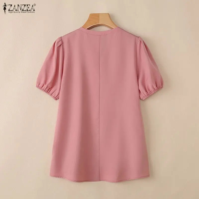 ZANZEA 2026 Woman Elegant Tie Neck Blouses Puff Short Sleeve Solid Color Tunic Tops Summer Casual Daily Wear Blusas Mujer S-3XL