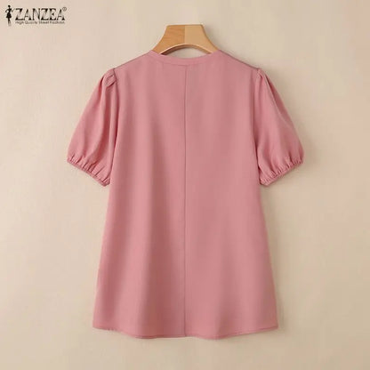 ZANZEA 2026 Woman Elegant Tie Neck Blouses Puff Short Sleeve Solid Color Tunic Tops Summer Casual Daily Wear Blusas Mujer S-3XL