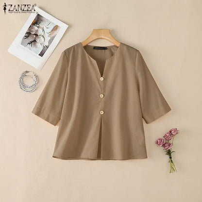 ZANZEA Women Breathable Cotton Linen Blouses V-Neck Half-Sleeve Loose Plain Tops Summer Daily Casual Vacation Beach Blusas Mujer