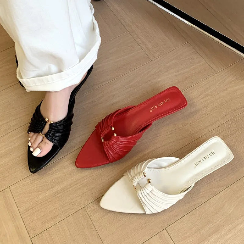 Pointed Toe Metal Decoration Pleated Women Sandals Summer Fashion Open Toe Thin Heel Slide Sandals Simple Comfort Designer Shoes
