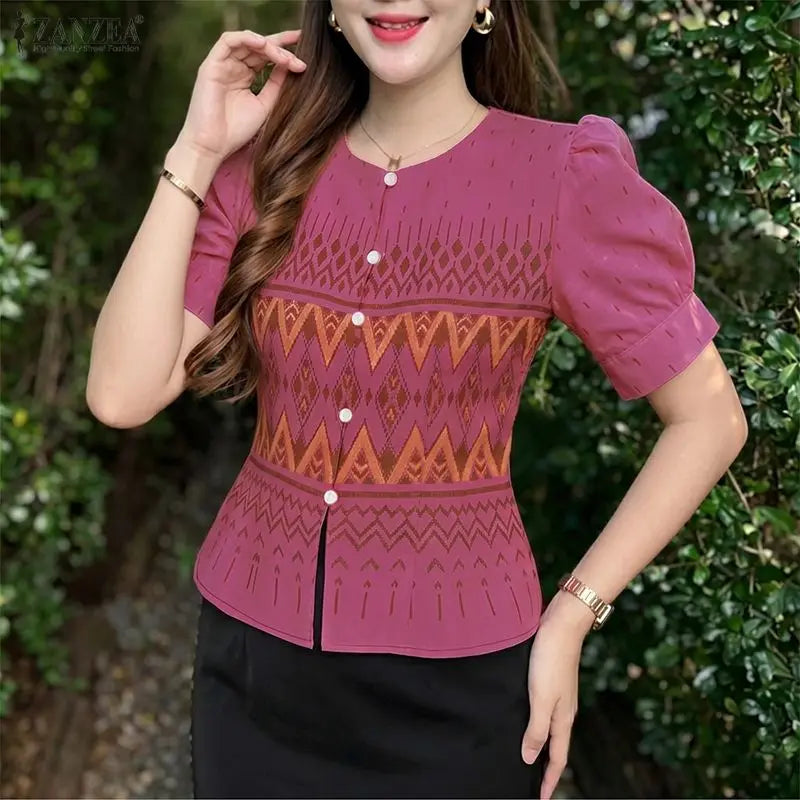 ZANZEA Elegant Ethnic Style Printing Blouses Woman Short Puff Sleeve Button Up O-Neck Shirts Summer Fitted Waist Blusas de Mujer