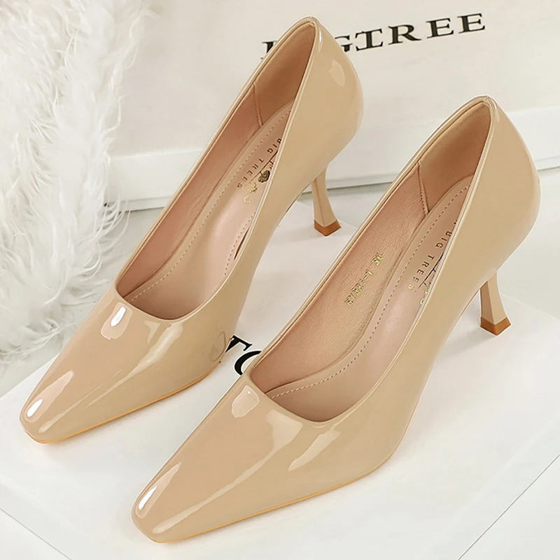 Fashion Women 7.5 cm Heels Patent Leather Women Pumps Square Head Kitten Heels Stiletto Elegant Banquet Shoes Sexy Party Shoes