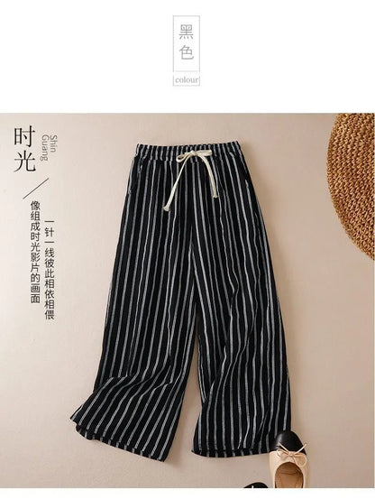Women's Plus Size Spring and Summer Fashion Hot Selling Classic Black and White Contrast Stripe Casual Loose Cuffed Pants