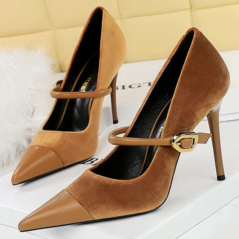 BIGTREE Shoes New Buckle Design Women Pumps Pointed Shoes High Heels Suede Stilettos Heels 7cm 10cm Ladies Shoes Large Size 43