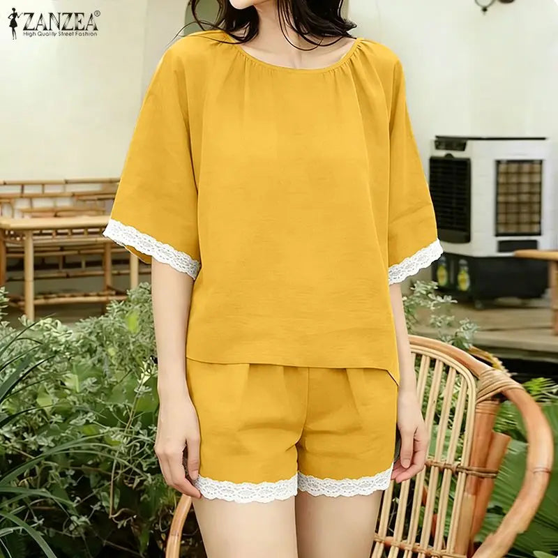 ZANZEA Fashion Summer 2 Pieces Sets Holiday Outfits Women O Neck Short Sleeve Blouse Short Sets Casual Lace Patchwork Tracksuit