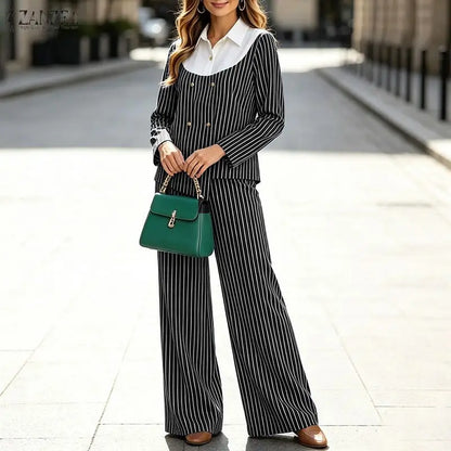 ZANZEA Women's Striped 2-Piece Sets Color-Blocked Long Sleeve Blouse & Wide Leg Pant Matching Sets Autumn Elegant Chic Co-ords