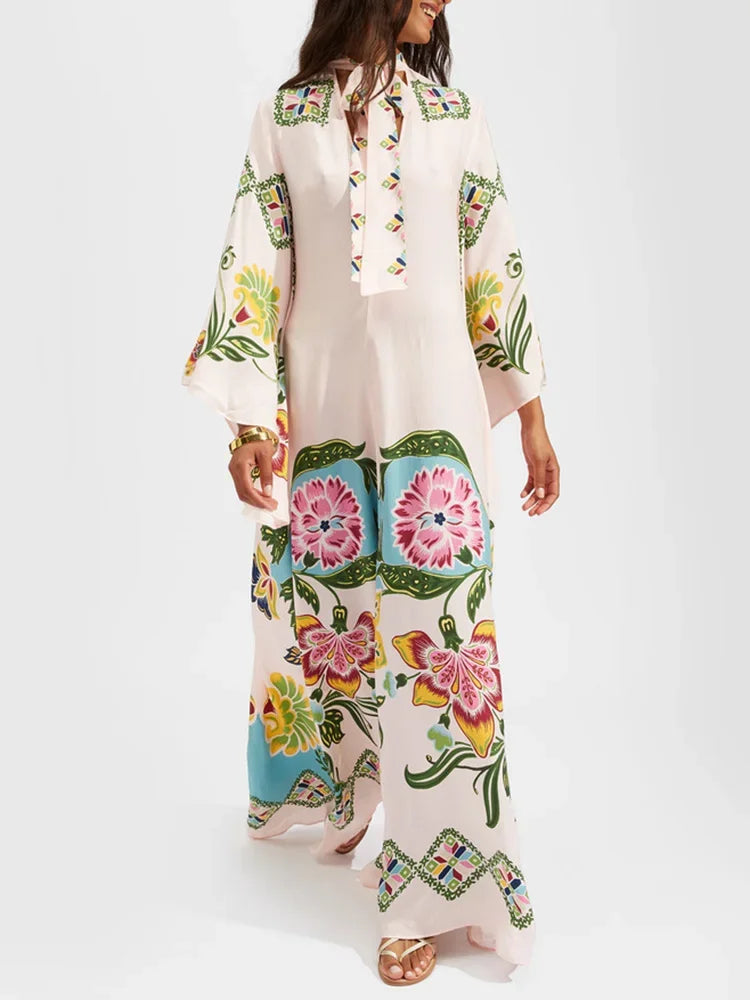 2025 Loose Fit Three Quarter Sleeve Lace-Up Party Dress Women Spring Summer Printing V-Neck Maxi Dress Streetwear Dropshipping