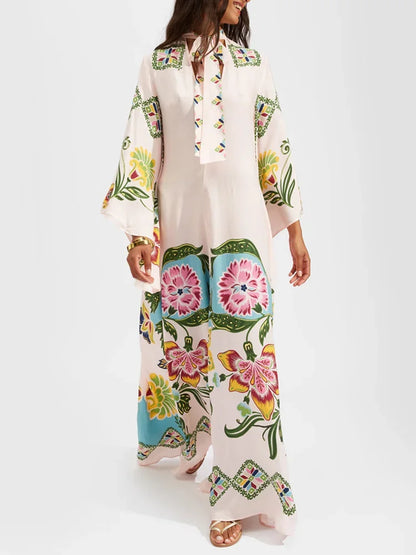 2025 Loose Fit Three Quarter Sleeve Lace-Up Party Dress Women Spring Summer Printing V-Neck Maxi Dress Streetwear Dropshipping