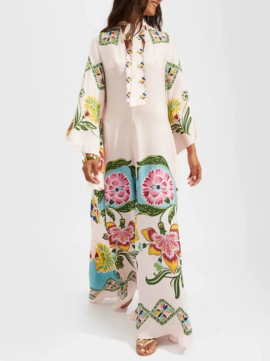 2025 Loose Fit Three Quarter Sleeve Lace-Up Party Dress Women Spring Summer Printing V-Neck Maxi Dress Streetwear Dropshipping