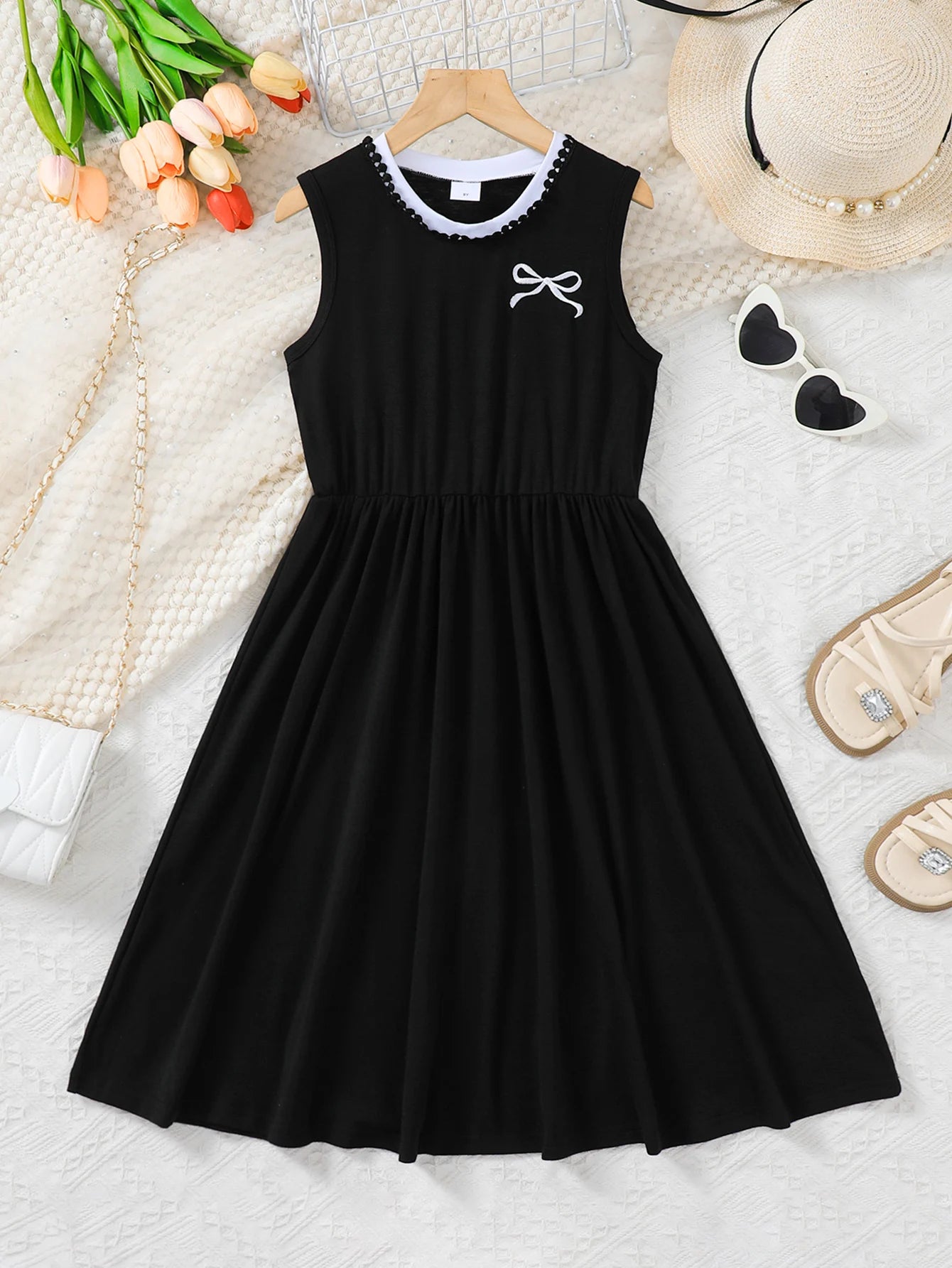 Girls Fashion Embroidered Butterfly Knot Pattern Sleeveless round Neck Vest Dress One-Piece Spring Summer Children's Clothing