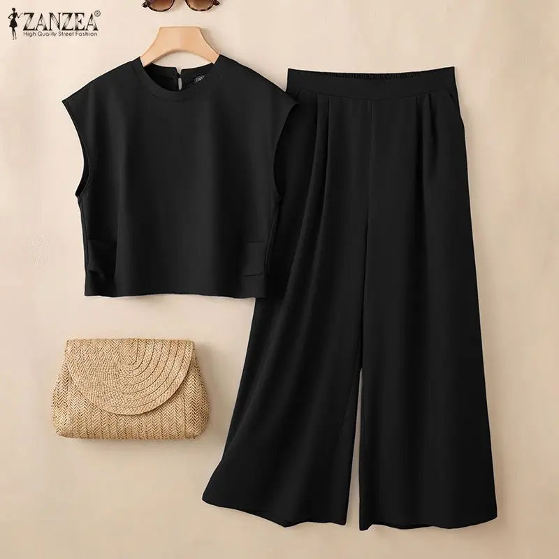 ZANZEA Fashion Casual O Neck Short Sleeve Blouse Pant Sets Summer Women Outfits Trousers Suit Solid Color Tracksuit Matching Set