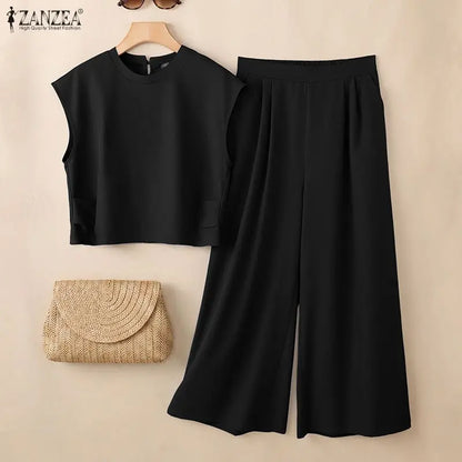 ZANZEA Fashion Casual O Neck Short Sleeve Blouse Pant Sets Summer Women Outfits Trousers Suit Solid Color Tracksuit Matching Set