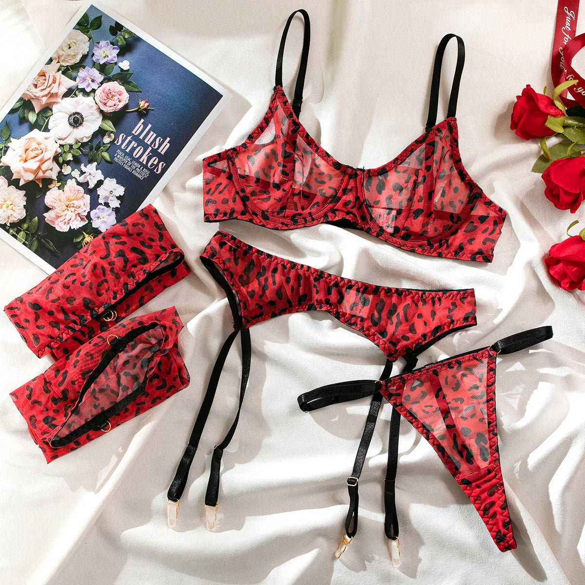 Sexy Pink Leopard Printed Bra Gloves Leg Socks Lingerie Set Women's Perspective Comfortable Mesh Exotic Apparel Underwear Suit