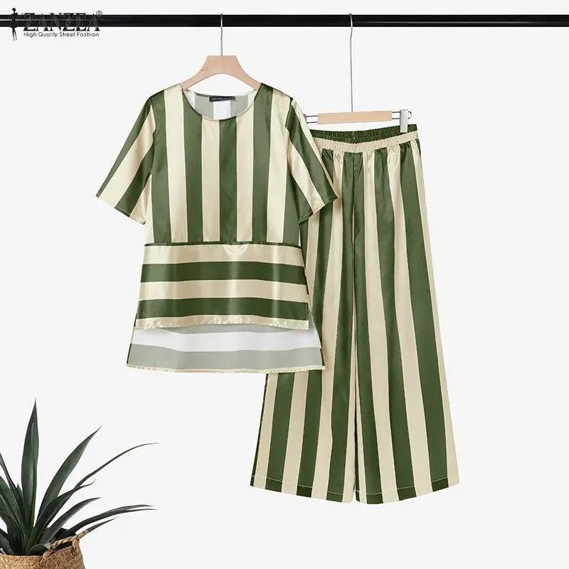 ZANZEA Fashion Short Sleeve Blouse Wide Leg Pant Sets Summer 2 Picece Set Women Striped Outfit Elegant Work Suit Stain Tracksuit