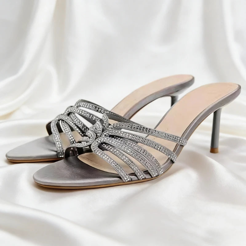Luxury Rhinestone Detail Women Slippers Sexy Peep-Toe Heeled Sandals for Ladies Elegant Summer Women's Shoes Sandalias De Mujer