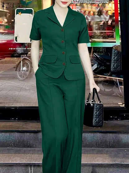Summer Fashion OL Pant Sets ZANZEA 2PCS Women Outfits Short Sleeve Tops Wide Leg Trousers Suits Elegant Work Tracksuits Oversize