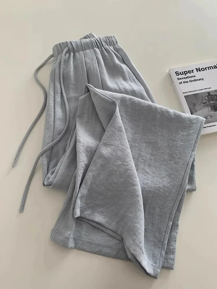 Pop Slimming Effect Korean Style Cotton Linen Casual Pants Women Summer Lazy Versatile Elastic Waist Thin Hanging Straight Leg L