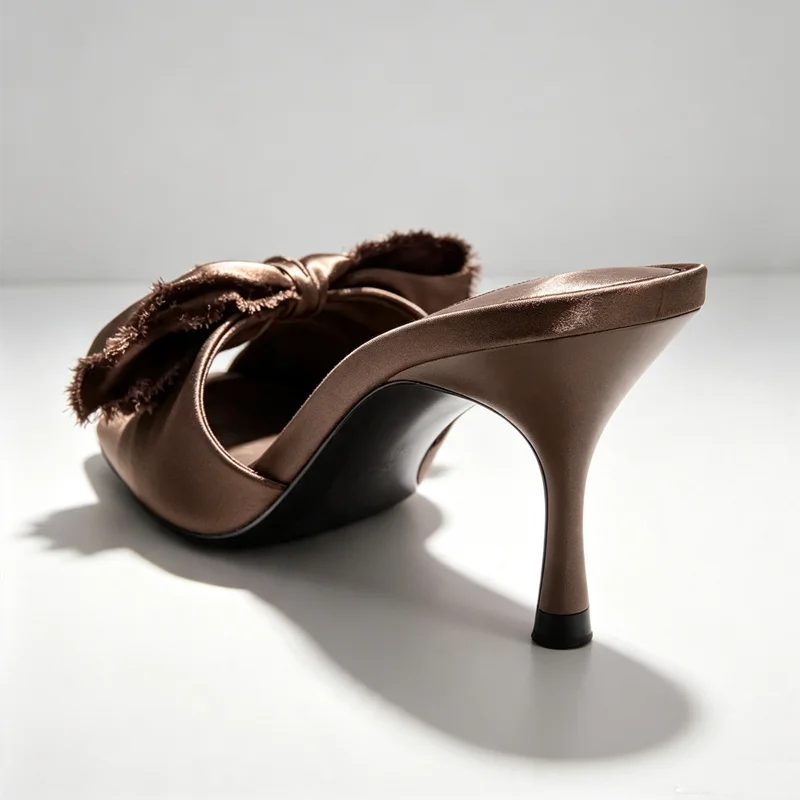 Elegant Brown Satin Bow Detail Women's Slippers Sexy Peep Toe High Heel Sandals for Ladies 2027 Summer Comfortable Women's Shoes