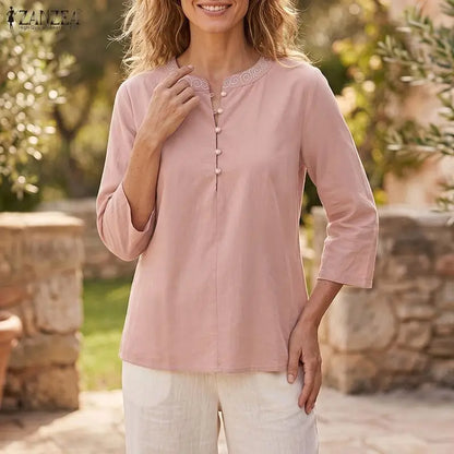 Women Blouse 3/4 Sleeve ZANZEA Cotton Tops O Neck Casual Tunic Summer Autumn Tee Blusas OL Work Party Streetwear Oversize