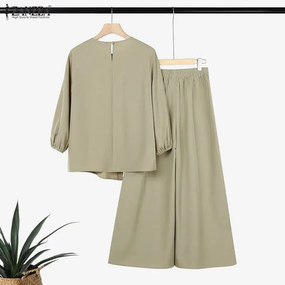 ZANZEA Women Muslim 2 Piece Sets 2026 Summer Wide Leg Pant Sets Long Sleeve Irregular Blouse Trousers Solid Color Work Outfits