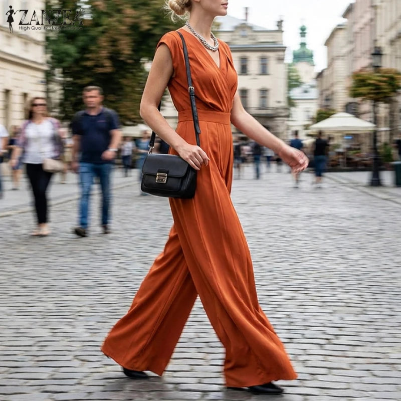 ZANZEA Women V-Neck Sleeveless Jumpsuits Street Fashion Inverted Pleats Wide Leg Pant Overalls Minimalist Commute Work Playsuits