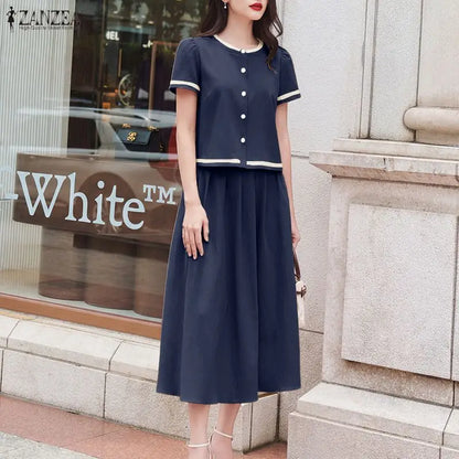 2026 ZANZEA Elegant Women Short Sleeve Patchwork Shirt Midi Dress Sets Summer 2 Pieces Sets Stylish OL Work Outfits Skirt Suit