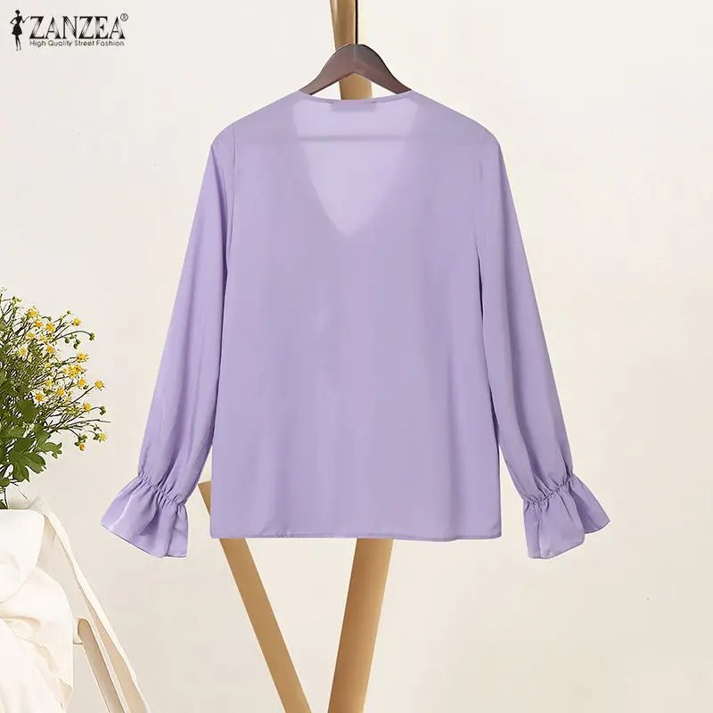ZANZEA Elegant Ruffles Trim Women's Shirts Classy V-Neck Flared Sleeves Pintuck Detailed Button Up Purple Blouses Woman Clothes