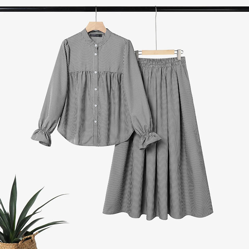 Elegant Women Muslim 2 Pieces Sets ZANZEA Summer Stand Neck Long Sleeve Bouse Skirt Suit Striped Outfits IsIamic Hijab Tracksuit