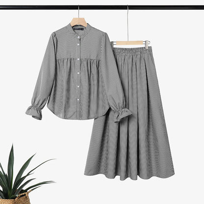 Elegant Women Muslim 2 Pieces Sets ZANZEA Summer Stand Neck Long Sleeve Bouse Skirt Suit Striped Outfits IsIamic Hijab Tracksuit