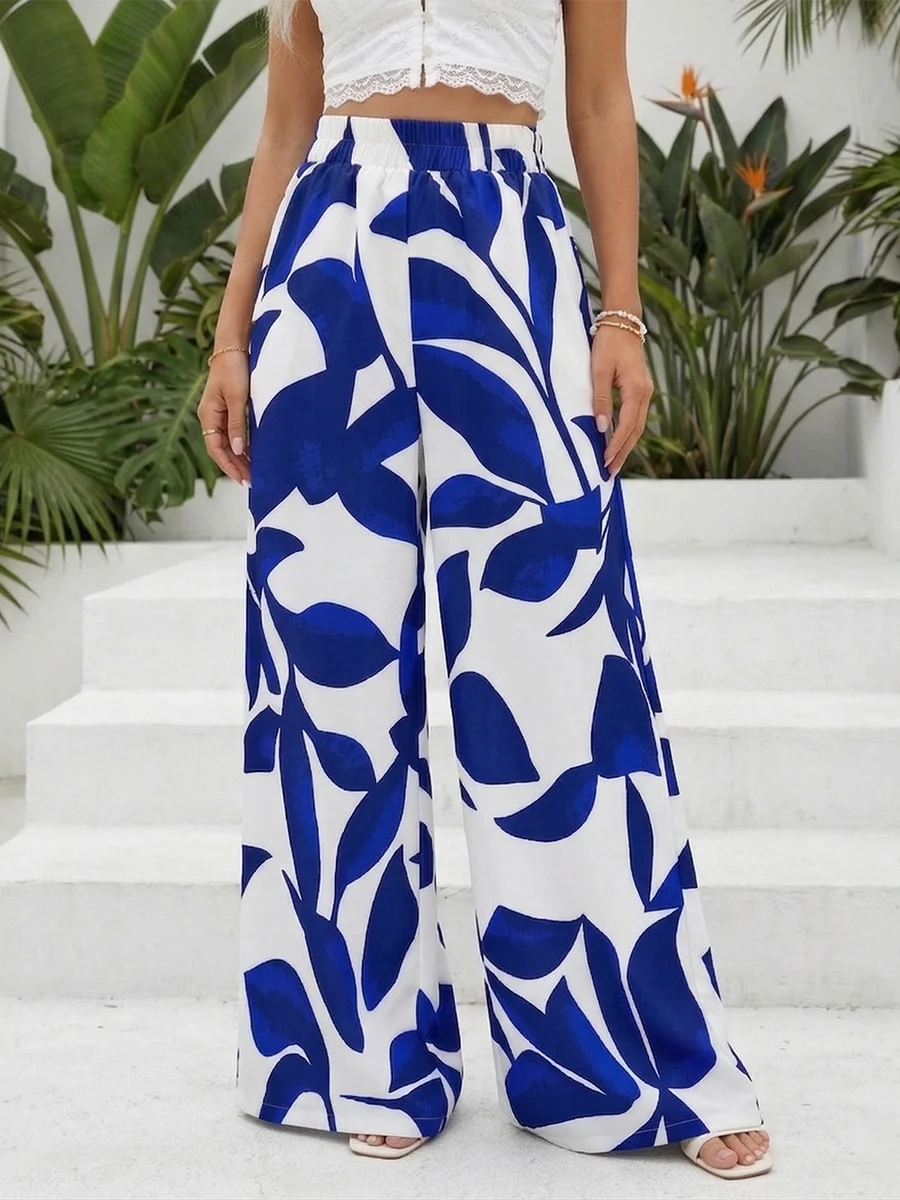 Autumn Winter Women Elegant Leaf Print Wide Leg Pants High Waist Loose Casual Trousers Vintage Palazzo Pants Streetwear Female