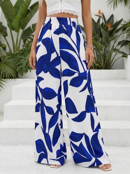 Autumn Winter Women Elegant Leaf Print Wide Leg Pants High Waist Loose Casual Trousers Vintage Palazzo Pants Streetwear Female