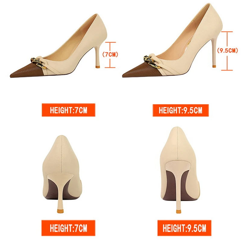 BIGTREE Shoes Women Pumps Metal Chain Decoration High Heels Mixed Colors Pointed Stilettos Lady Heels Party Shoes Female Pumps
