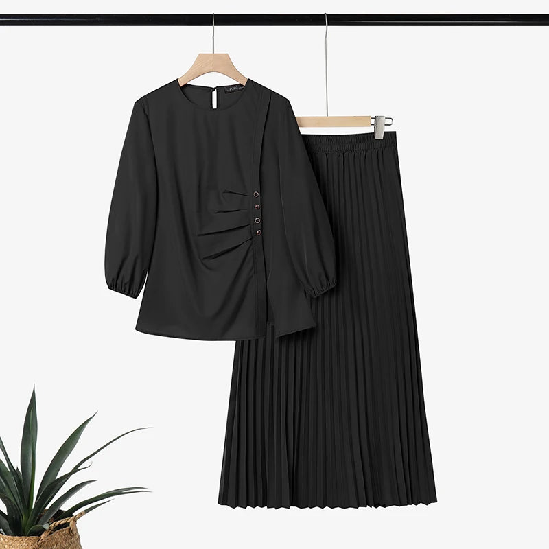 Modest Ramadan Outfit ZANZEA Women Muslim 2 Pieces Sets Stylish Casual O Neck Long Sleeve Pleated Blouse A Line Maxi Skirt Suit