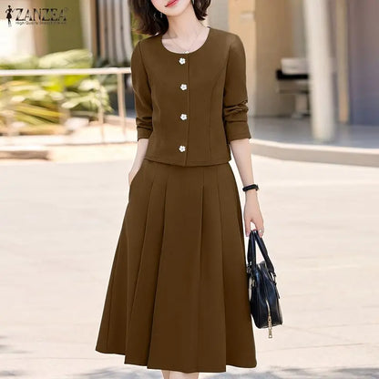 2026 ZANZEA Office Women Outfits 2 Piece Sets Spring Fashion O Neck Long Sleeve Shirt Dress Sets Elegant OL Work Midi Skirt Suit