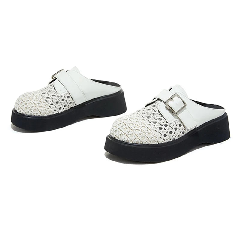 High Quality Leather Mesh Mules Slippers Women Openwork Design Wedge Heeled Sandals for Girls Summer Comfortable Beach Shoes
