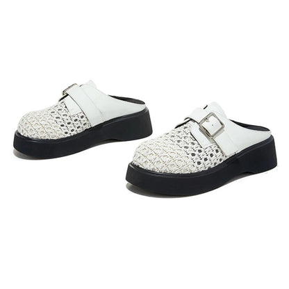 High Quality Leather Mesh Mules Slippers Women Openwork Design Wedge Heeled Sandals for Girls Summer Comfortable Beach Shoes