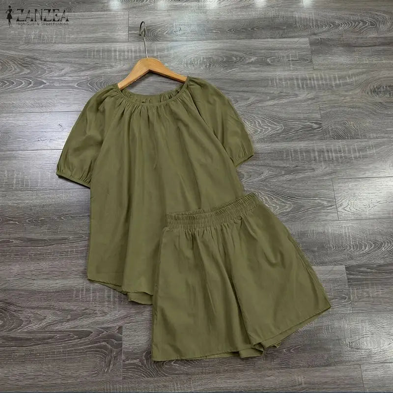 ZANZEA Women 2 Piece Matching Short Sets Loose Short Puff Sleeve Blouse & Elastic Waist Shorts Suits Summer Daily Sets Outfits