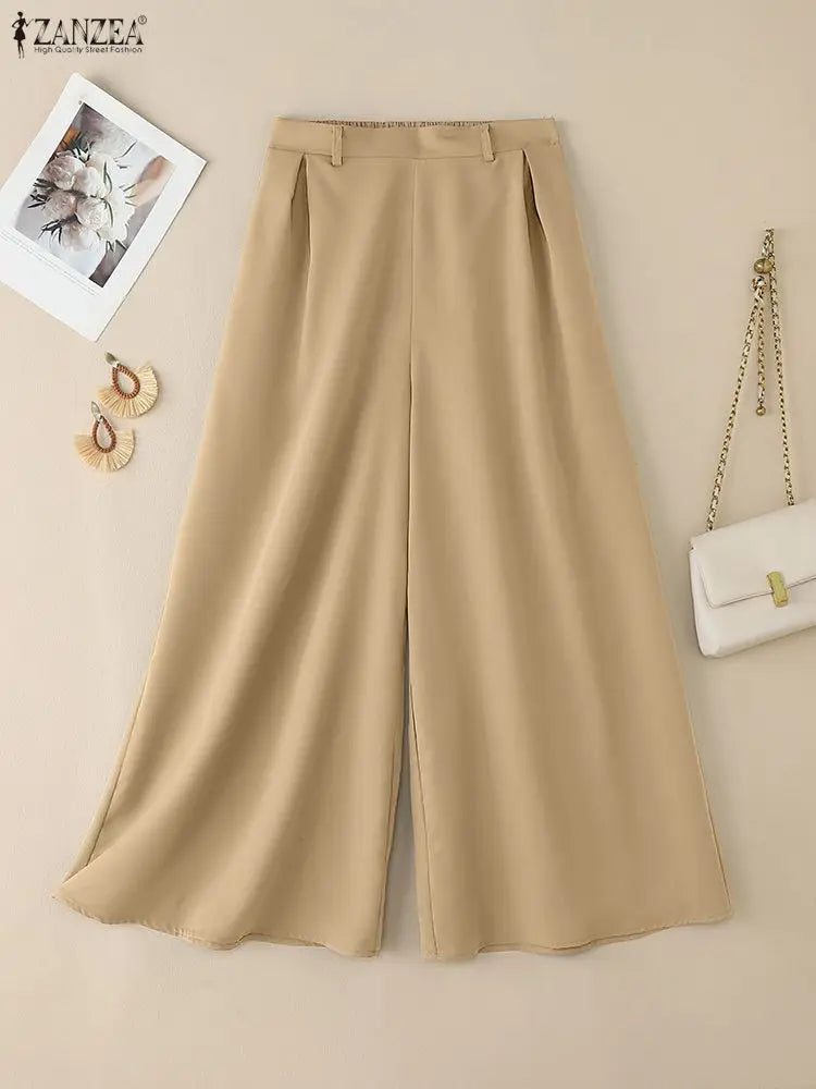 ZANZEA Stylish Women's Wide Leg Pants Elegant High Waist Loose Solid Color Trousers 2025 Autumn Commuting Streetwear S-3XL