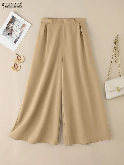 ZANZEA Stylish Women's Wide Leg Pants Elegant High Waist Loose Solid Color Trousers 2025 Autumn Commuting Streetwear S-3XL