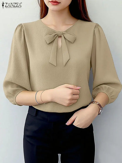 ZANZEA Elegant Bow Detailed Women Blouses Autumn 2025 Keyhole Neck 3/4 Puff Sleeve Crinkled Solid Color Tops Fashion Woman Cloth