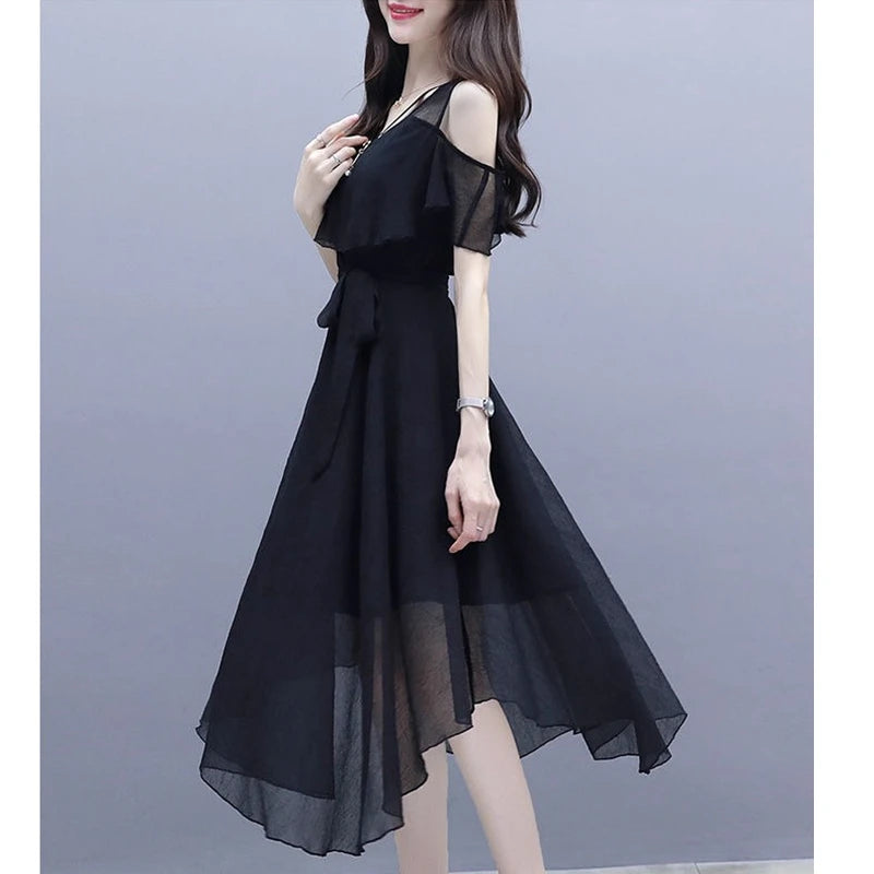 Women's Summer Chiffon Dress Korean Office Lady Graceful Casual Black Off-Shoulder Dresses 2025 New Fashion Clothing Female
