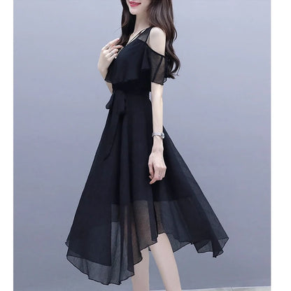 Women's Summer Chiffon Dress Korean Office Lady Graceful Casual Black Off-Shoulder Dresses 2025 New Fashion Clothing Female