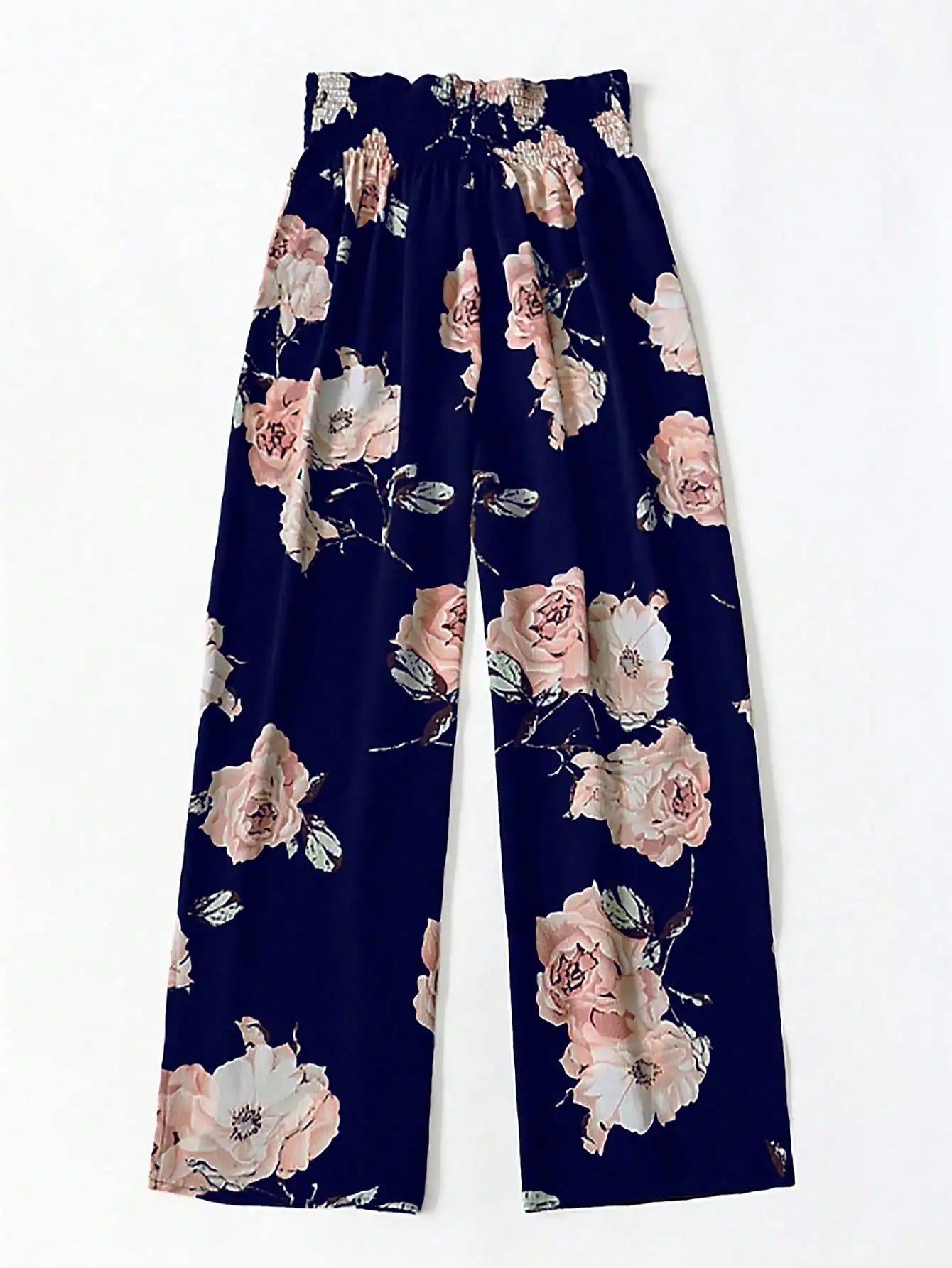 Women's Floral Print Wide Leg Pants, Casual Elastic Waist Drawstring Palazzo Trousers For Ladies