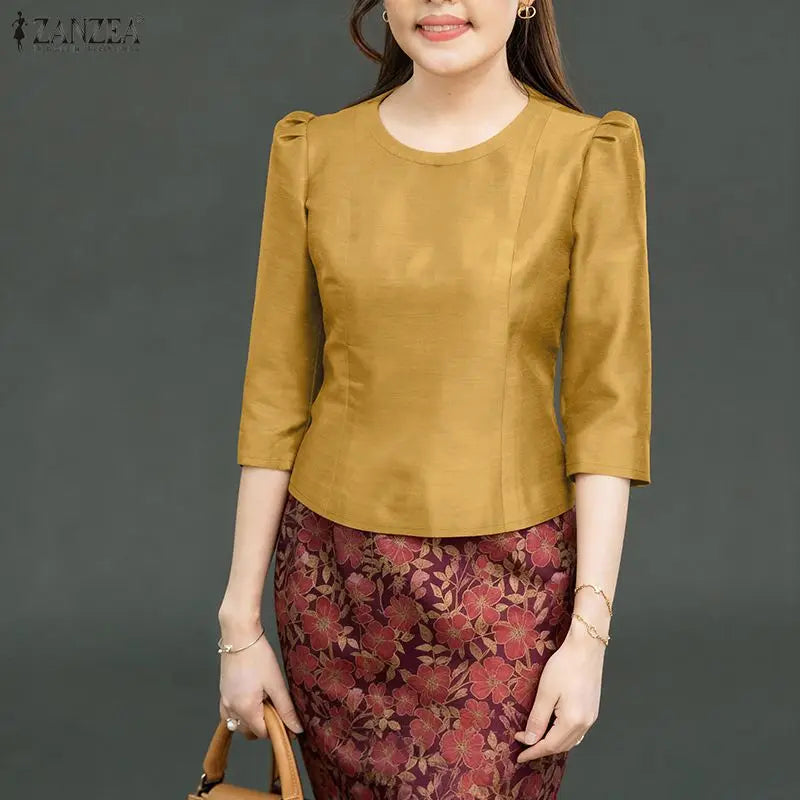 ZANZEA Women's Elegant Satin Blouses Retro O-Neck 3/4 Sleeve Back Zipper Slit-Fit Short Tops 2026 Spring Summer Woman Clothes