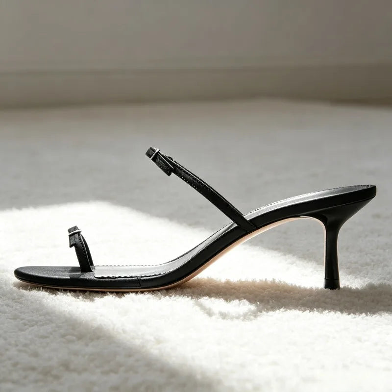 Unique Metal Buckle Detail Mule Sandals Women Cozy Adjustable Narrow-band Kitten-heel Slide Sandals Elegant Clip Toe Flip Flops