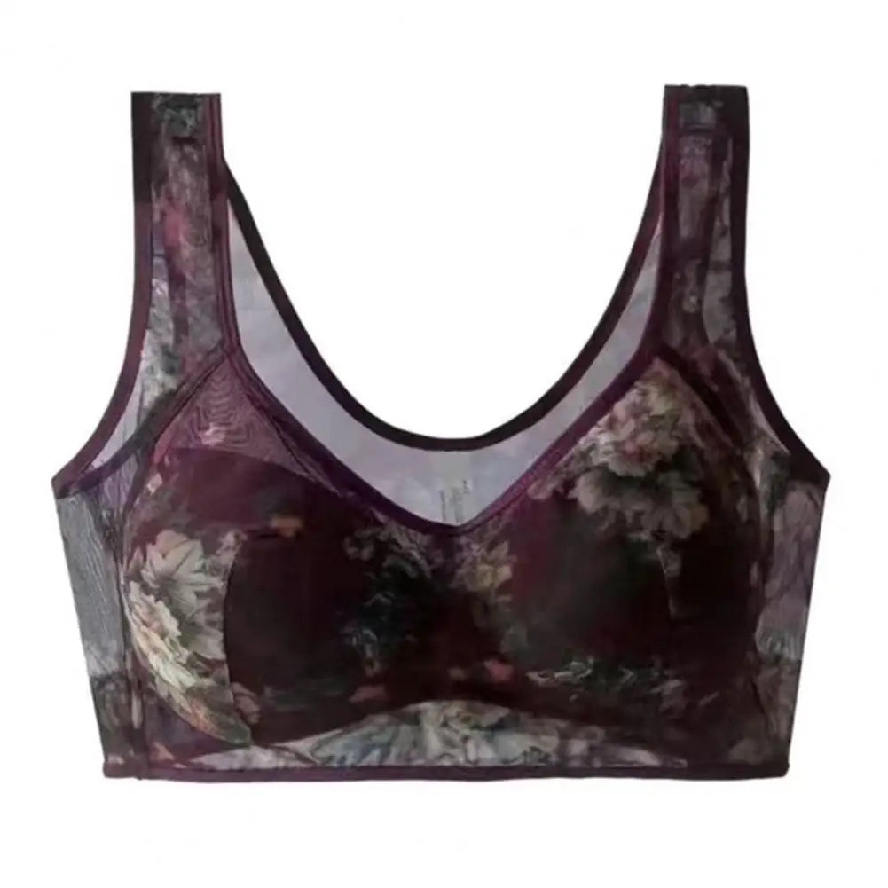 Mid-aged Women Bra Mesh Thin Plus Size Floral Print Wide Shoulder Strap Anti-snagging Push Up Seamless Mother Bra 90%