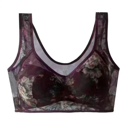 Mid-aged Women Bra Mesh Thin Plus Size Floral Print Wide Shoulder Strap Anti-snagging Push Up Seamless Mother Bra 90%