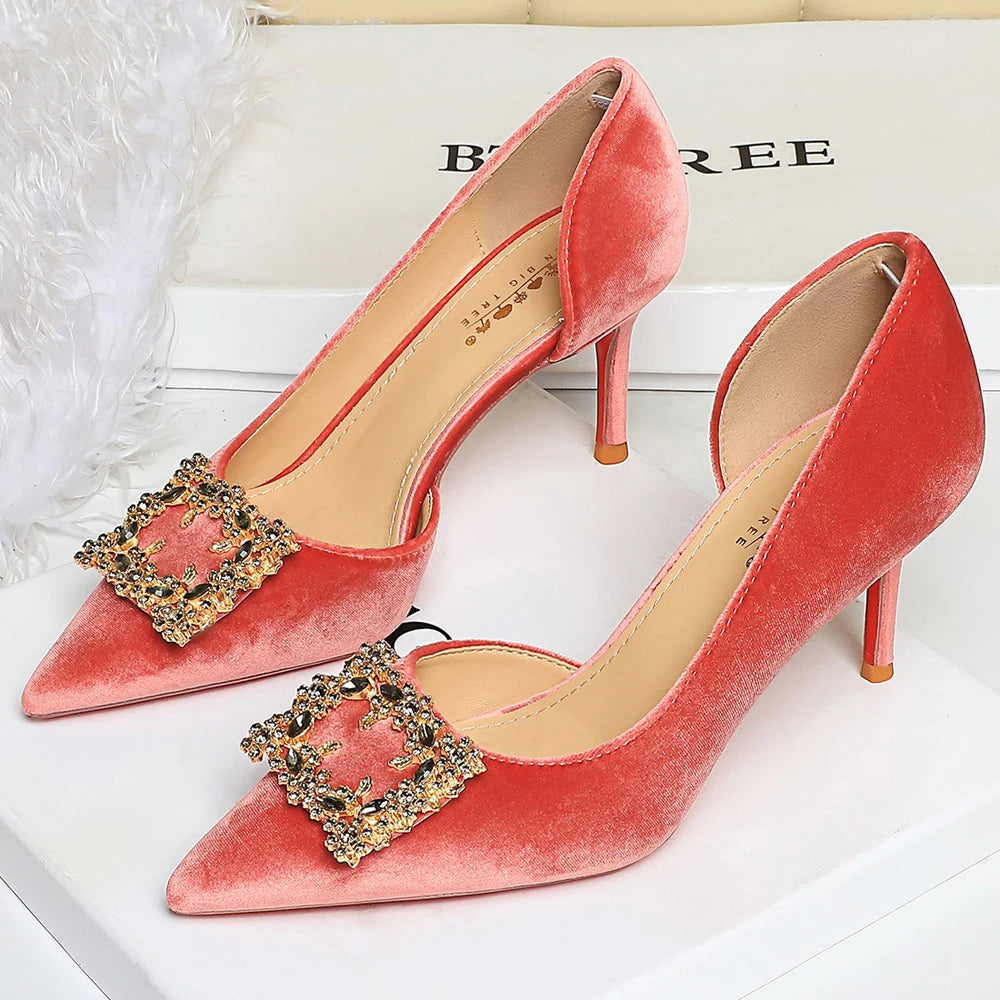 BIGTREE Shoes Rhinestone Women Pumps Metal Square Buckle High Heels Suede Side Empty Ladies Shoes Stiletto Heels 10 cm 7.5 cm